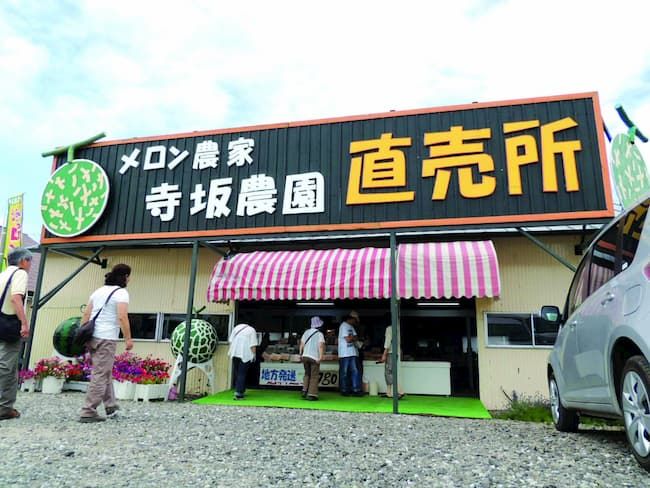 遠くからでもメロンを売っていることがわかる寺坂農園の直売所